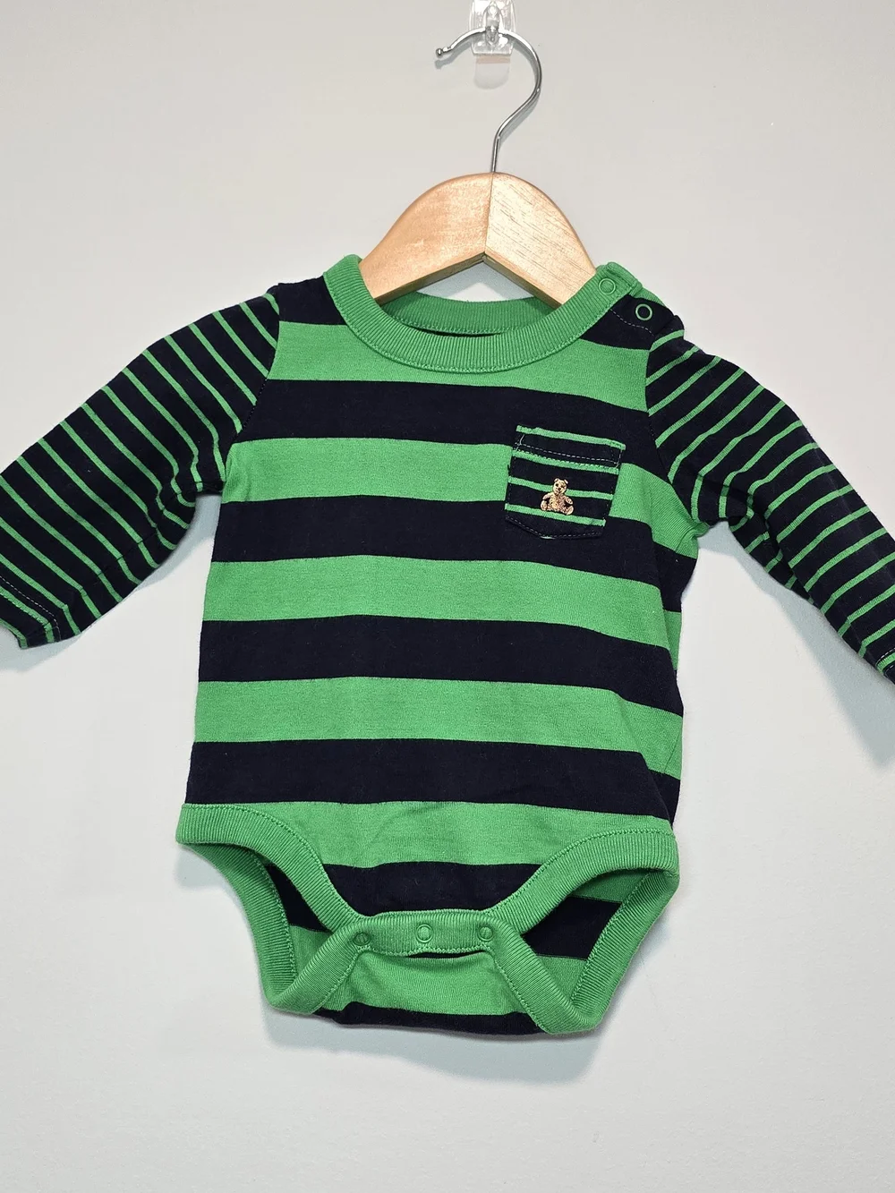 GAP Green & Navy Striped Baby One-Piece Long Sleeve Bodysuit 0-3M